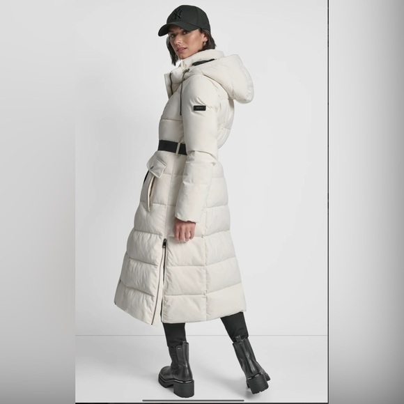❄️ NWT DKNY Cream Long Heavyweight Bomber Puffer Parka Down Filled Coat Jacket - Picture 8 of 9